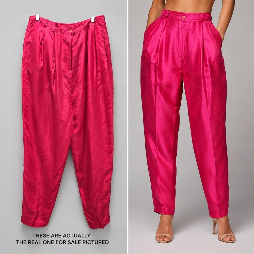 VGT 90s Jacqueline Ferrar 100% Silk Pleated Trousers Hot Pink High Rise Pants L